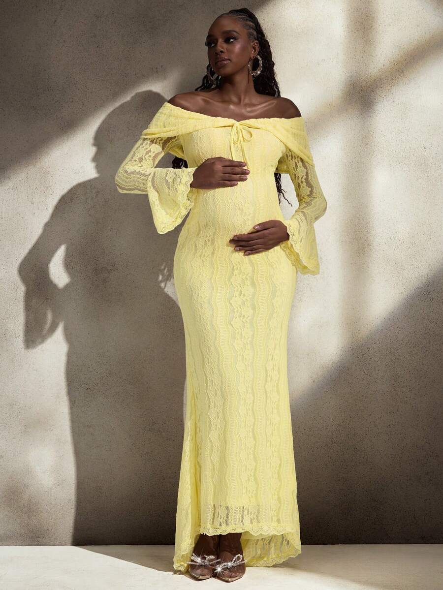 Cheriluna Maternity 优雅露肩白色蕾丝长袖美人鱼长裙，适合婚礼、派对、孕妇写真、婴儿洗礼 - 黃色 - 查看 1
