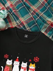 SHEIN Essnce Áo thun nữ cổ tròn tay ngắn dáng rộng in hình mèo dễ thương Giáng sinh, màu đen - màu đen - Xem 4