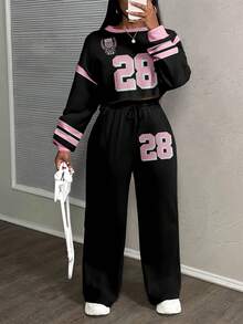 Slaydiva Women's Casual Street Style Loose 28 Number & English Letter Badge Print Racing Suit Sports 2 Pieces Set, Suitable For Autumn/Winter, Outdoor Wear - White - View 5