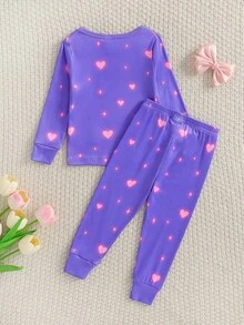 2pcs Baby Girls' Cute Bear & Heart Glow-In-The-Dark Print Bodysuit & Pants Pajama Set