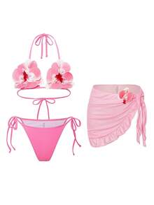 Swim SXY New Fashionable 3pcs/Set 3D Orchid Halter Bikini Top, Tie-Up Triangle Bottoms, Ruffle Mesh Mini Skirt Swimsuit Set (Flower Pattern Random) - Pink - View 5