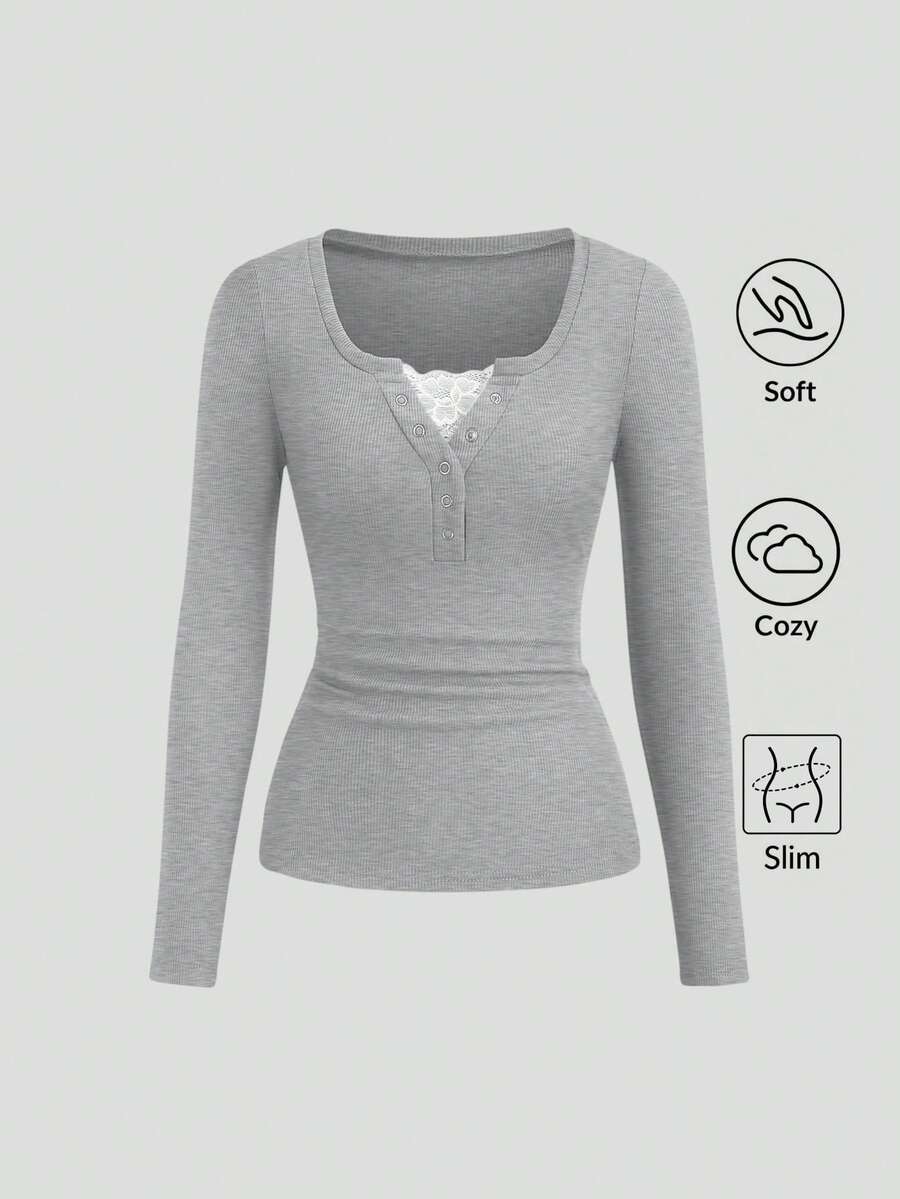Sweetra Áo thun nữ cổ tròn tay dài màu trơn viền ren, mùa thu - Màu Xám nhạt - Xem 1