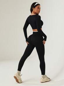 Dewbera Set de 2 piezas de ropa deportiva sin costuras de color contrastante para mujer, conjunto deportivo de dos piezas activo, conjunto de dos piezas de manga larga para entrenamiento, conjunto de leggings y top para entrenamiento, conjunto de curvas para actividades, conjunto de dos piezas para gimnasio - Negro - Ver 2