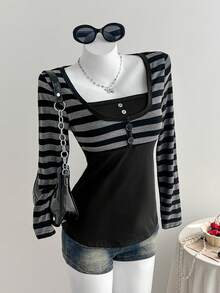 Comfortcana Women's Casual Punk Style Striped T-Shirt - Dark Grey - View 1