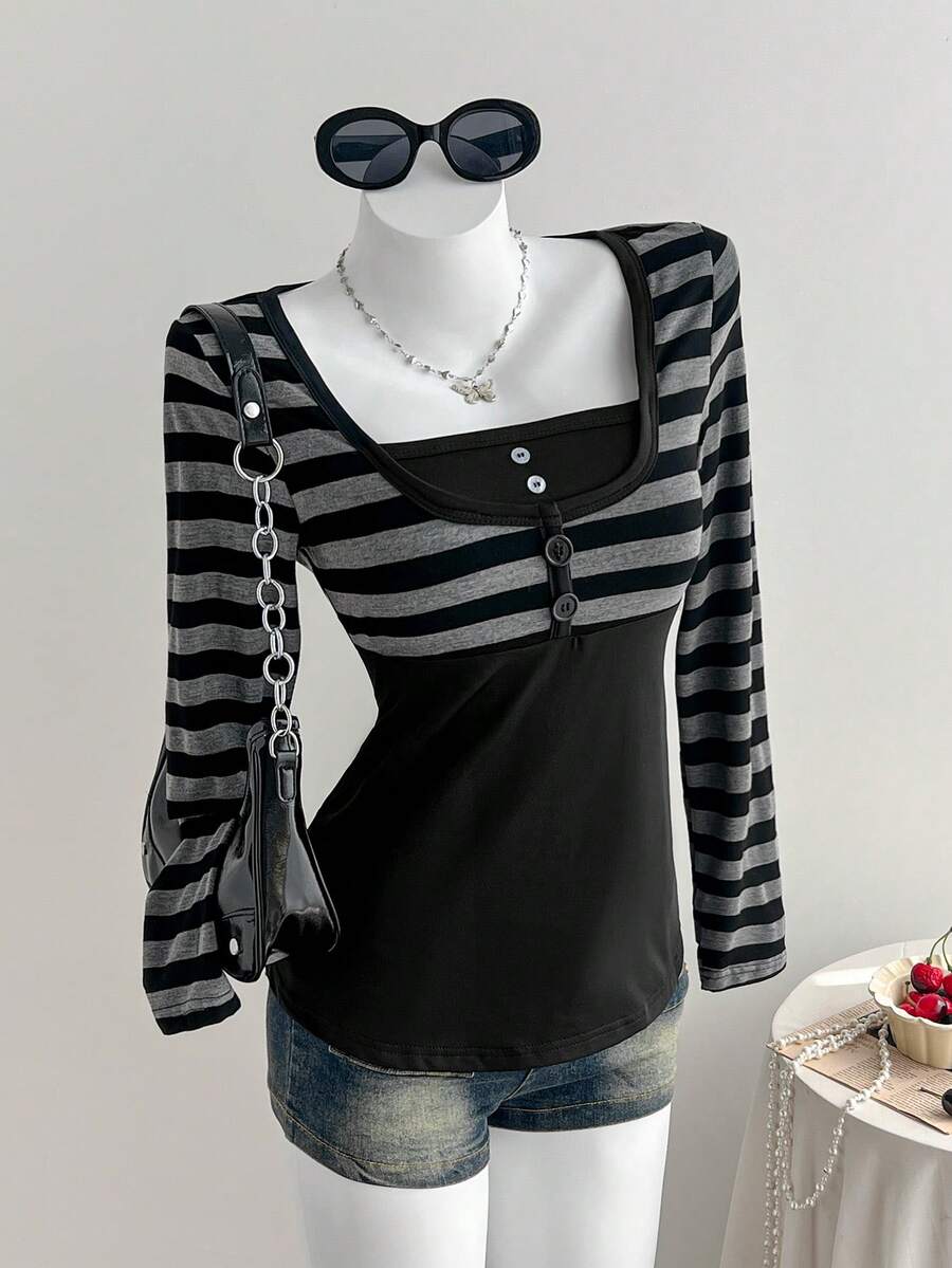 Comfortcana Women's Casual Punk Style Striped T-Shirt - Dark Grey - View 1