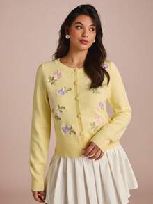 Enchnt 秋冬浪漫女士黑色花卉刺绣长袖针织开衫，别致优雅，时尚百搭，适合派对、约会、节日、毕业典礼、外出、万圣节、圣诞节、秋季、新年等场合。 - 黃色 - 查看 4