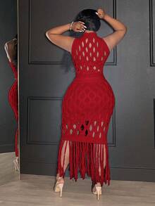 Veslaya Plus Size Hollow Out Turtleneck Sleeveless Top And Fringe Hem Skirt Sweater Set - Red - View 2