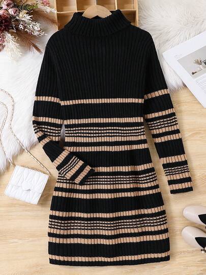 Sparklyn 1pc Women's Sweater Dress, Vintage Classic Color Block Ribbed Knit Dress, High Neck, Fitted Waist, Regular Thickness, Durable, Versatile, Suitable For Casual, Outing, School In Autumn/Winter
