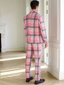 Calvornis Men's Plaid Lapel Collar Blazer And Pants Business Formal Set, Autumn Winter Brunch Wear - Pink - View 5