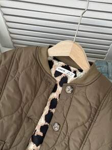 SHEIN Tween Girl Loose Casual Minimalist Comfortable Leopard Print Lining Round Neck Curved Hem Jacket - Army Green - View 3