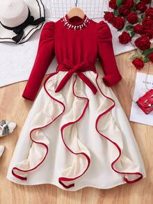 SHEIN Teen Girls' Fashion Party Gigot Sleeve Faux Pearl Bow Decor Dress - Multicolor - View 3
