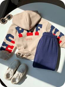 2件套男童可爱字母图案休闲连帽卫衣和运动裤套装，秋冬季 - 彩色 - 查看 5