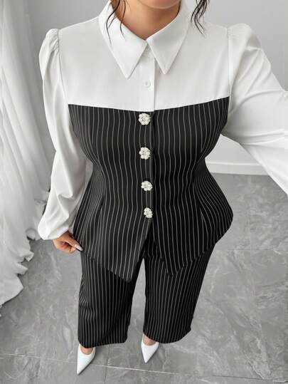 Elenzga 大码女式黑白条纹撞色珍珠纽扣衬衫和阔腿裤两件套，优雅复古风格，适合返校、毕业典礼、情人节、音乐节、母亲节、万圣节、感恩节、复活节、国庆节、联欢晚会、约会、派对、婚礼、户外活动
