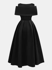 Pitira 少女派对装黑色缎面，精致的金属装饰水钻纽扣，单肩褶皱设计开衩 A 字裙，优雅正式婚纱，花童裙