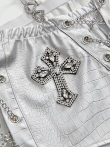 ROMWE Avant Women's Retro Gyaru Biker PU Decorated Low-Waist Mini Tight Shorts - Silver - View 3