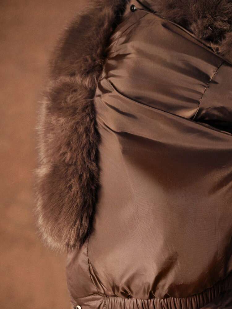 플러스플러스 사이즈 여성용 럭셔리 플리츠 퍼 칼라 루즈 숏 밑단 드로스트링 두꺼운 재킷, 가을, 가을, 겨울, 우아함, 시크, 새해, 캐주얼, 크리스마스에 적합