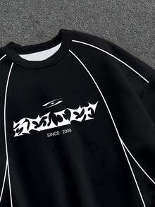 Manfinity ZONE917 Hanorac cu croială lejeră, cu imprimeu grafic și linii albe, căptușit cu fleece negru