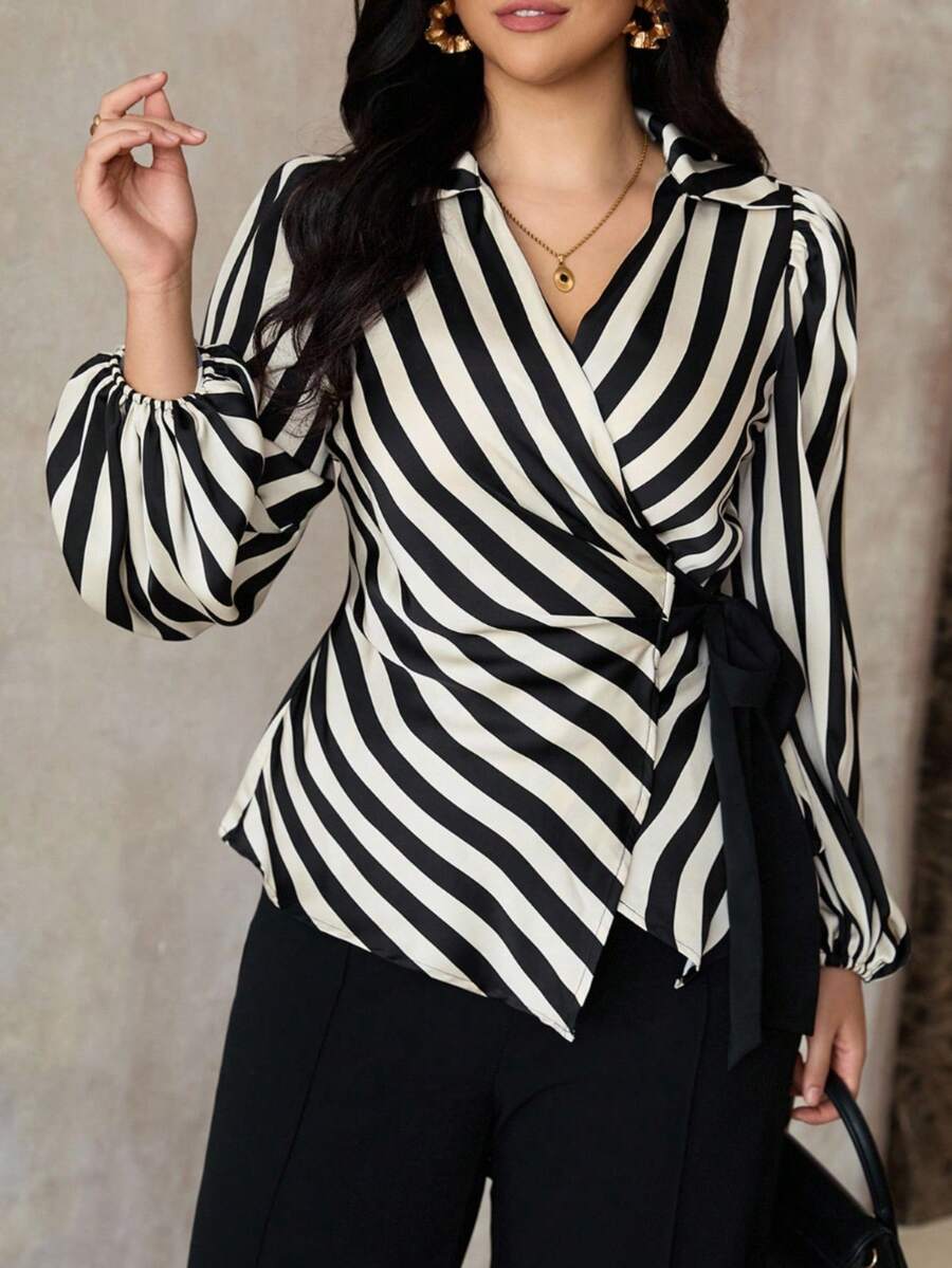 Roveilla Plus Size Elegant Commuter Striped Tie-Wrap Shirt Women Blouses Elegant Wrap Tops For Women Tie Front Blouse Stripe Top Striped Blouse - Black - View 1