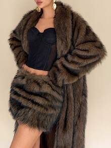 Rafferiza Sexy Faux Fur Fashion Pleated Low Waist Bodycon Furry Mini Skirt - Brown - View 3
