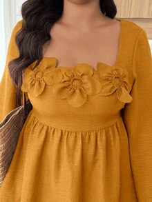 Weeklong Conjunto de 2 piezas de camisa con cuello cuadrado y volantes en el bajo con decoración floral y pantalones de pierna ancha para mujer talla grande - Amarillo - Ver 4