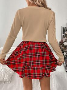 Chiquease 2pcs/Set Fitted Red Plaid Bow Accent Outfit, Suitable For Christmas, Autumn/Winter - Khaki - View 2