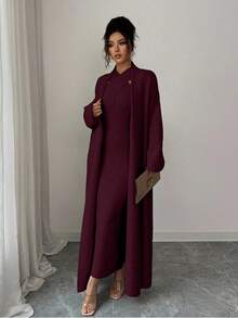 Elenzga Ensemble tricoté minimaliste élégant de couleur unie avec col croisé, robe fourreau à col ras-du-cou de couleur unie, cardigan long minimaliste de style vintage de couleur unie, convient pour le travail et les sorties - Rouge foncé - Voir 3