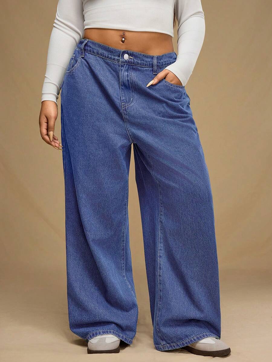SHEIN Forever 21 大码女式口袋阔腿宽松休闲水洗深蓝色牛仔裤 - 藍色 - 查看 1