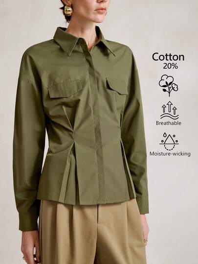 SHEIN Stylify Camisa de mezcla de algodón para mujer con cuello, cierre de botones delantero, bolsillo en el pecho, silueta en línea A, manga larga, uso de oficina/casual francés vintage, versátil para otoño/invierno, adecuada para Halloween, Navidad, Acción de Gracias, tardes de té