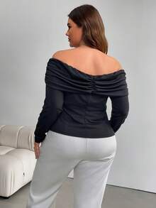 Firerie Maglietta a maniche lunghe, aderente, con spalle scoperte, arricciata, decorata in metallo, per donna taglia grande, elegante e casual, adatta per autunno/inverno - nero - Visualizzare 2