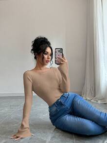 Selianne 1 件女式露肩喇叭袖修身毛衣 - 棕色 - 查看 5