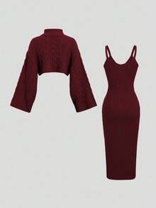 Sweetra 2pcs Women's Casual Knitted Sweater Top And Long Skirt Set, Loose Fit Turtleneck Long Sleeve Crop Top And Skirt, Autumn/Winter - Red - View 2