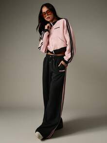 MISSGUIDED MSGD 宽腿慢跑裤，侧条纹细节，宽松版型运动裤，休闲舒适 - 黑色 - 查看 4