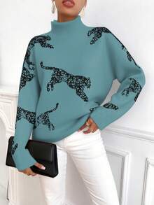 SHEIN Clasi Pull ample décontracté à col montant, manches longues et épaules tombantes, motif léopard, pour femmes. Automne/Hiver - Bleu azur - Voir 5