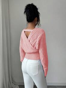 SHEIN Elenzya 女士优雅纯色V领裹身毛衣，秋冬 - 粉色 - 查看 2