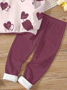 2 件套青少年女孩休闲时尚可爱心形印花圆领运动衫和紧身裤套装，适合秋冬季 - 彩色 - 查看 5