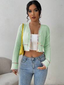 Chiquease 女式优雅撞色饰边纽扣前襟休闲长袖开衫 - 綠色 - 查看 3