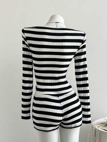 Comfortcana Women's Contrast Color Striped Long Sleeve Top And Shorts 2 Pieces Set