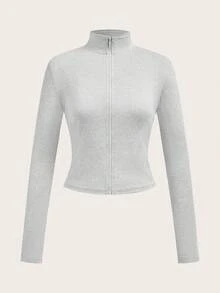 SHEIN EZwear 2 件套花卉 & 灰色 & 黑色针织拉链长袖 T 恤女士，适合春秋季 - 彩色 - 查看 3