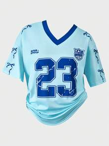 SHEIN 2件套少女粉色蝴蝶结字母V领黑色宽松T恤和粉色V字褶裙套装，甜美可爱 - 彩色 - 查看 4