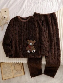 2pcs Girls Cute & Sweet Bear Print Brown Coral Fleece Soft & Cozy Loose Fit Long Sleeve Top And Pants Pajama Set,Tween Girl Pajamas Fall&Winter Clothings - Brown - View 1