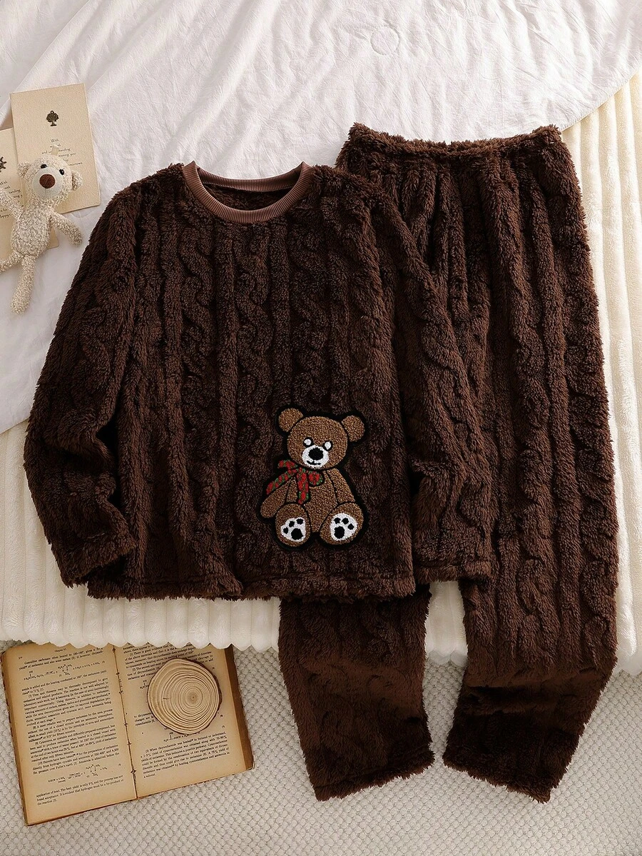2pcs Girls Cute & Sweet Bear Print Brown Coral Fleece Soft & Cozy Loose Fit Long Sleeve Top And Pants Pajama Set,Tween Girl Pajamas Fall&Winter Clothings - Brown - View 1
