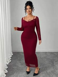 Elenzga Vestido Elegante e Sexy de Renda Recortada em Plus Size para Mulheres - Violeta - Visão 4