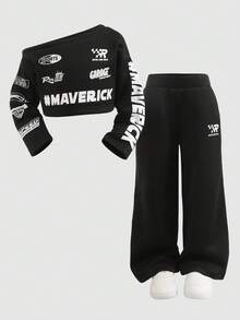 年轻女孩字母印花不对称肩长袖运动衫和阔腿裤休闲套装，秋季 - 黑色 - 查看 10