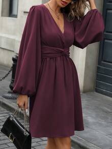 EMERY ROSE Women's Burgundy Elegant Dinner Date Mini Dress,Autumn Long Sleeve Shirred Twist Waist Ruched Back Stretchy A-Line Vintage French Office Workwear - Maroon - View 1