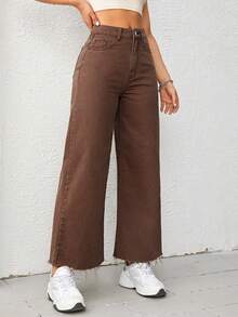 SHEIN ICON Jeans rectos de talle elástico con dobladillo deshilachado para mujer talla grande, color marrón café - Café integral - Ver 4