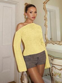 Glamine Damski sweter z dzianiny prążkowanej, w jednolitym kolorze, z ukośnymi ramionami i długim rękawem, jesień/zima - Jasny zółty - Zobacz 1