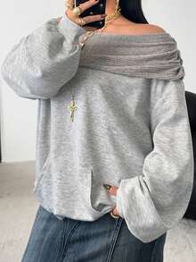 POPSWAY Damen Oversized Sweatshirt mit Off-Shoulder, Patchwork, Rippstrick, lässig und bequem in Große Größen - Grau - Übersicht 6