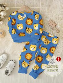 SHEIN Happikins Little Line, Little Tigers, Baby Boy Casual Minimalist Cartoon Lion Print Snug Fit Long Sleeve Crew Neck Pants Loungewear, Suitable For Autumn/Winter - Multicolor - View 1