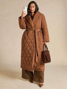 SHEIN BAE Plus Size Fashionable Versatile Solid Color Belted Jacket, Winter - Brown - View 5