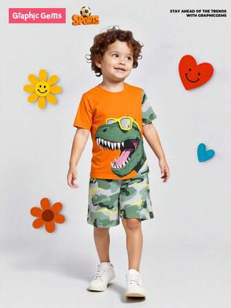 GraphicGems 1 套幼儿儿童服装，带太阳镜恐龙印花 T 恤，带恐龙骨架印花的迷彩短裤，短袖和短裤套装，轻便休闲装，适合春夏季